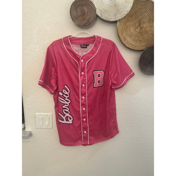 Barbie Pink Baseball Jersey Button Down Short Sleeve Graphic Top size Large - Picture 2 of 4